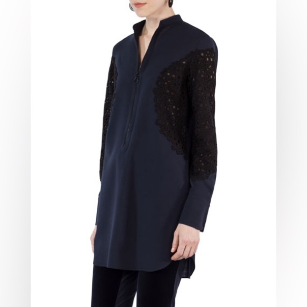 NWT $795 Akris punto Half-Zip Lace-Trim Tunic Blouse Top